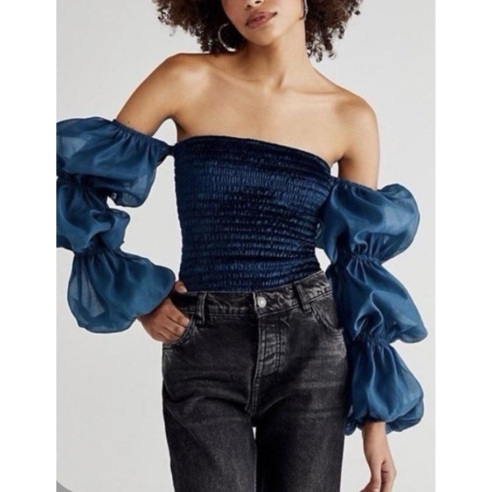 Free People Girls Just Wanna Velvet Bodysuit M Puff Sleeve Dark Teal Boho Retro